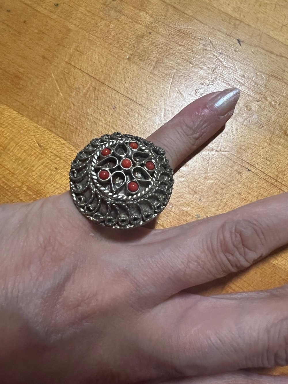 Vintage Tibetan-Silver Dome Oversized Statement Cocktail Ring; Handmade filagree